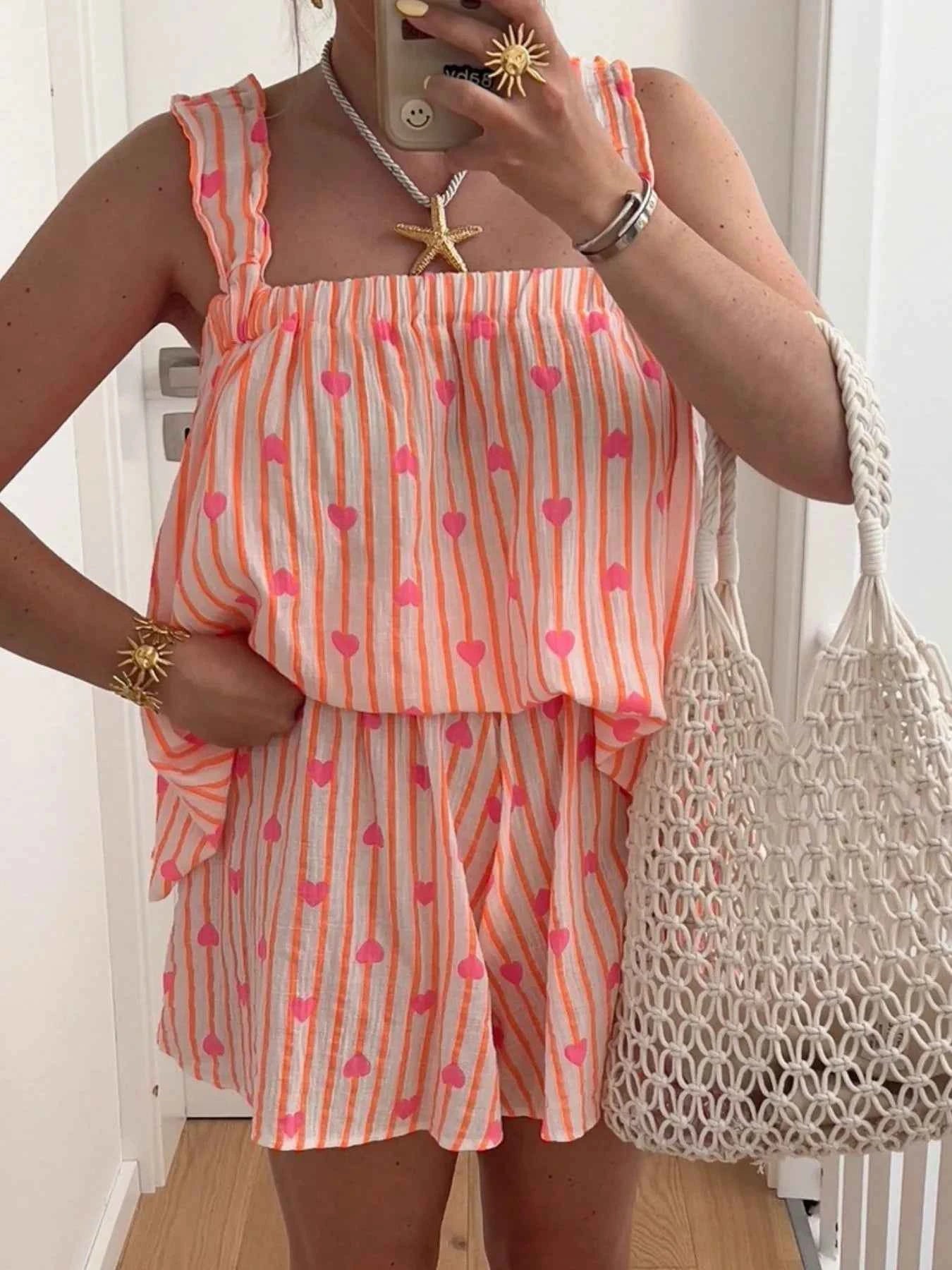 Striped Heart Cami Top and Shorts Set