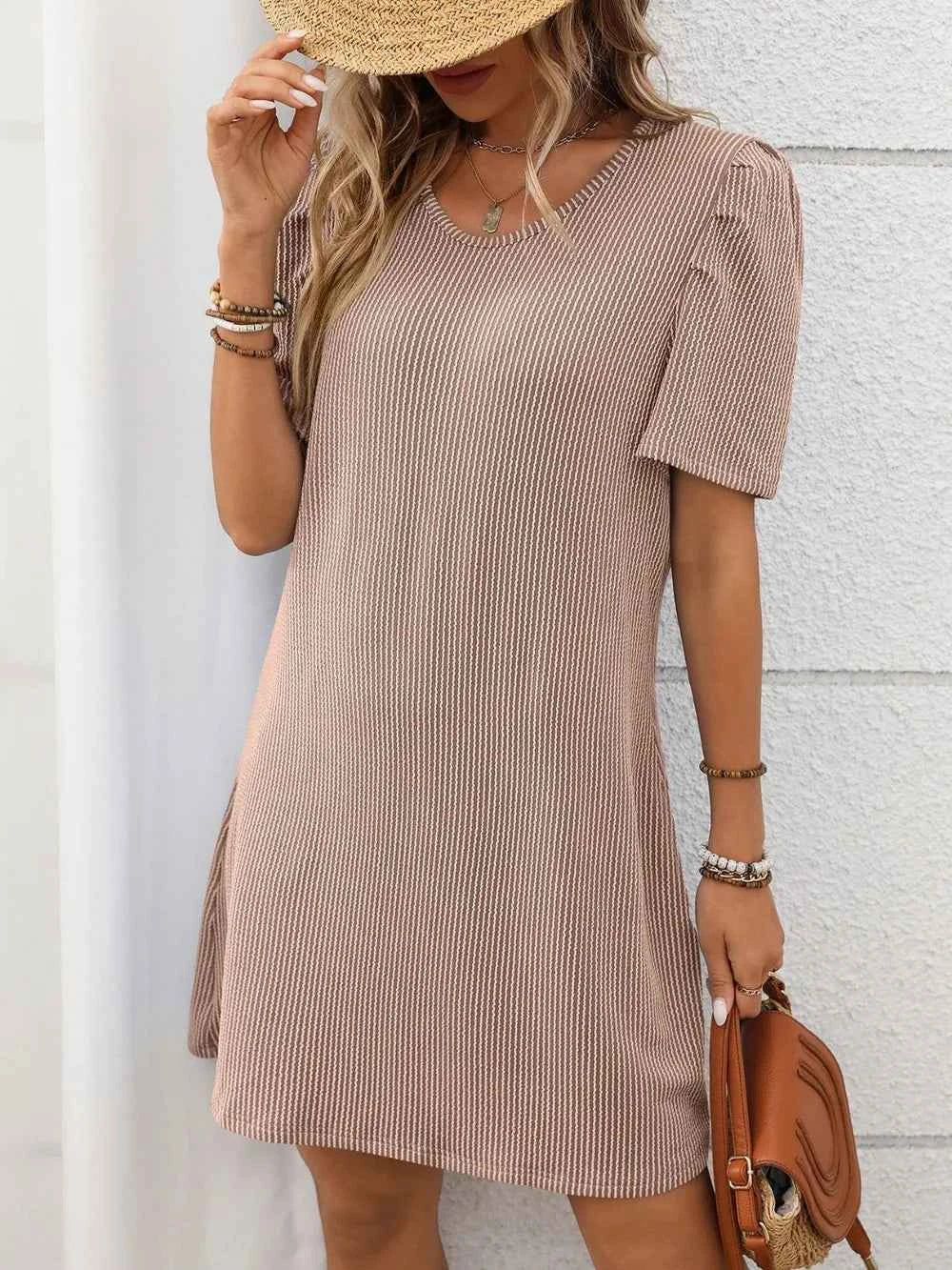 Textured Mini Dress - Round Neck Short Sleeve Design
