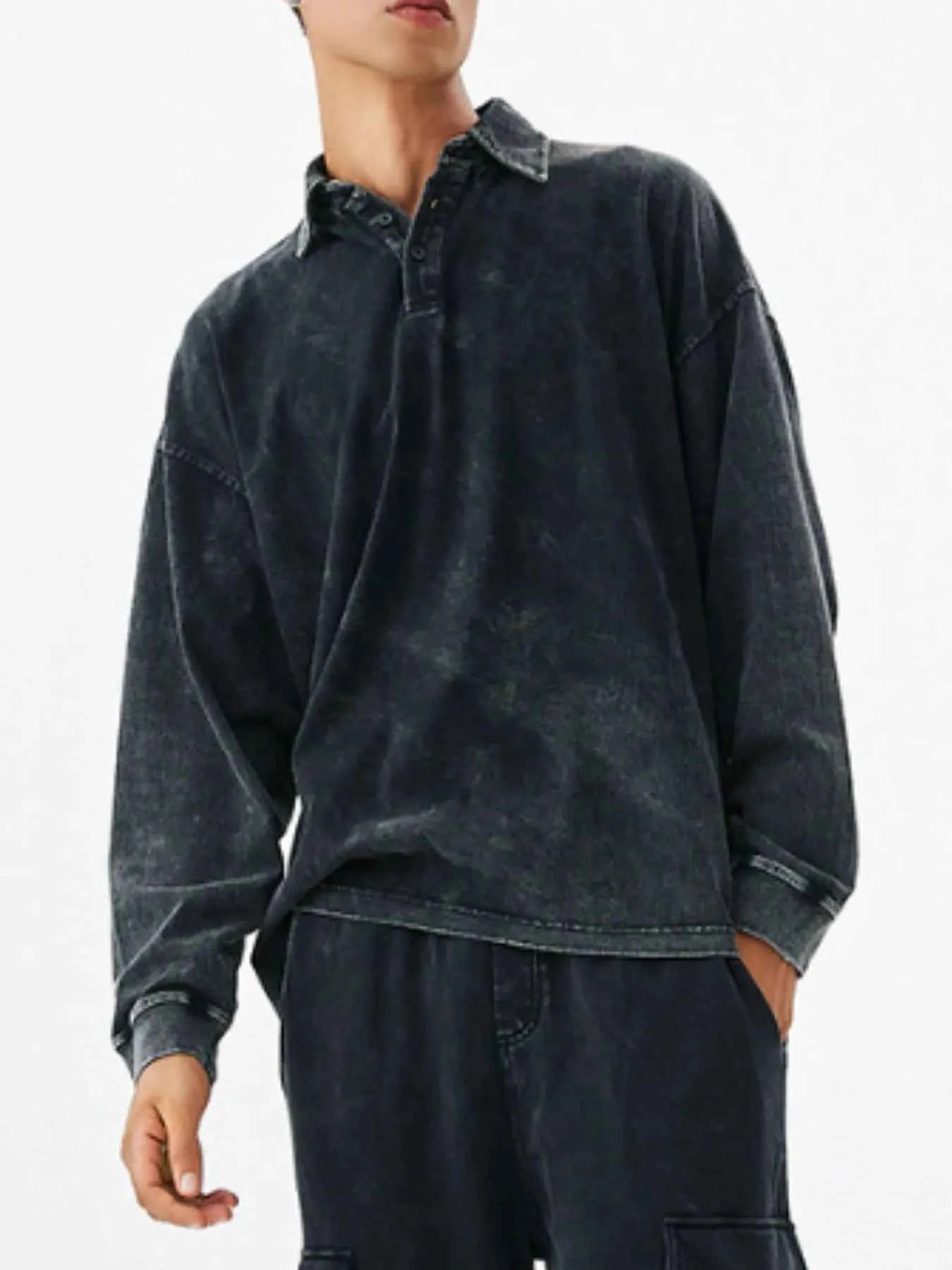 Men's Washed Long Sleeve Polo Shirt