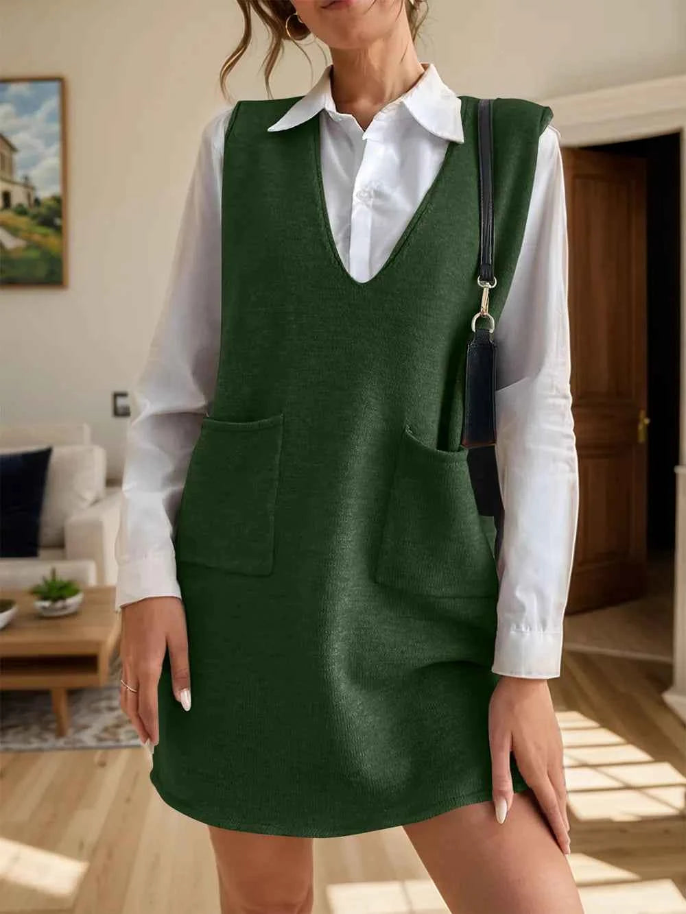 V-Neck Sleeveless Sweater Dress with Pockets for Effortless Style