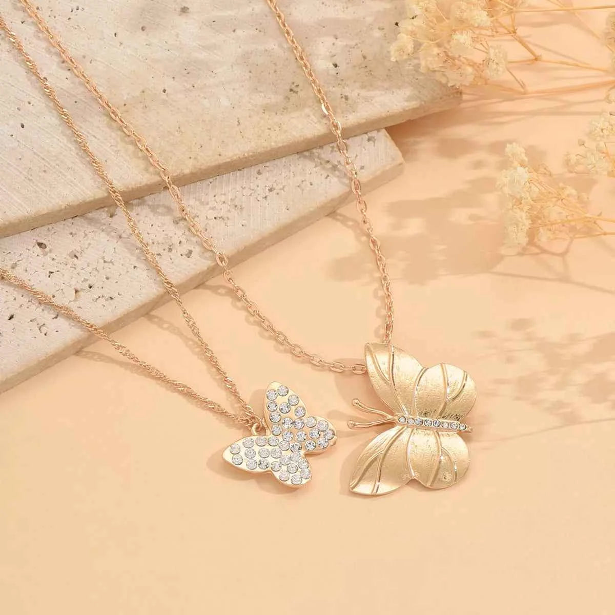 2 Piece 18K Gold-Plated Rhinestone Butterfly Necklace