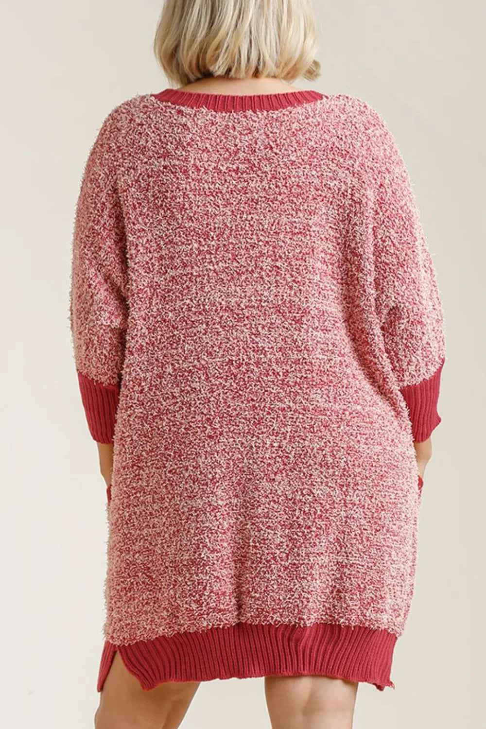 Umgee Full Size Ribbed Hem Round Neck 3/4 Sleeve Sweater Dress with Pockets Plus Size