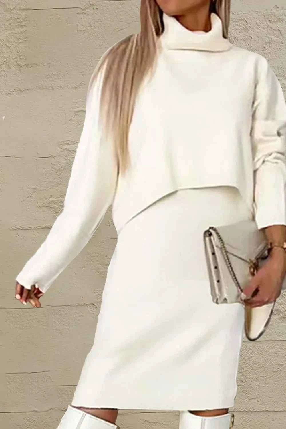 Turtleneck Dropped Shoulder Sweater and Dress Sweater Set