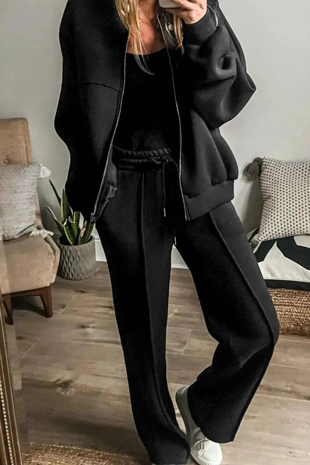 Zip Up Loungewear Set: Long Sleeve Top and Pants Combo