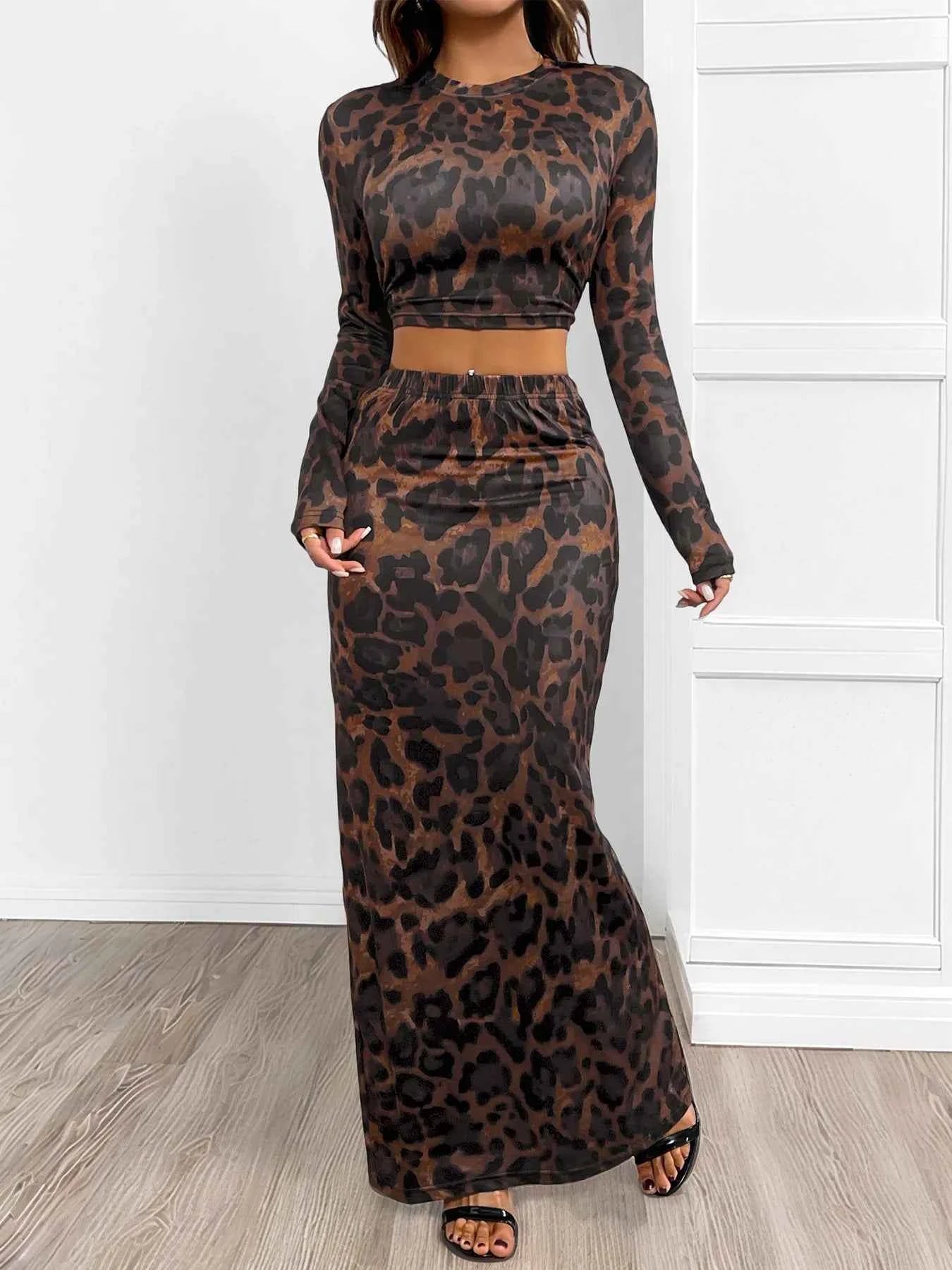 Leopard Round Neck Top and Skirt Set - Stylish Leopard Top and Skirt Set for Every Occasion