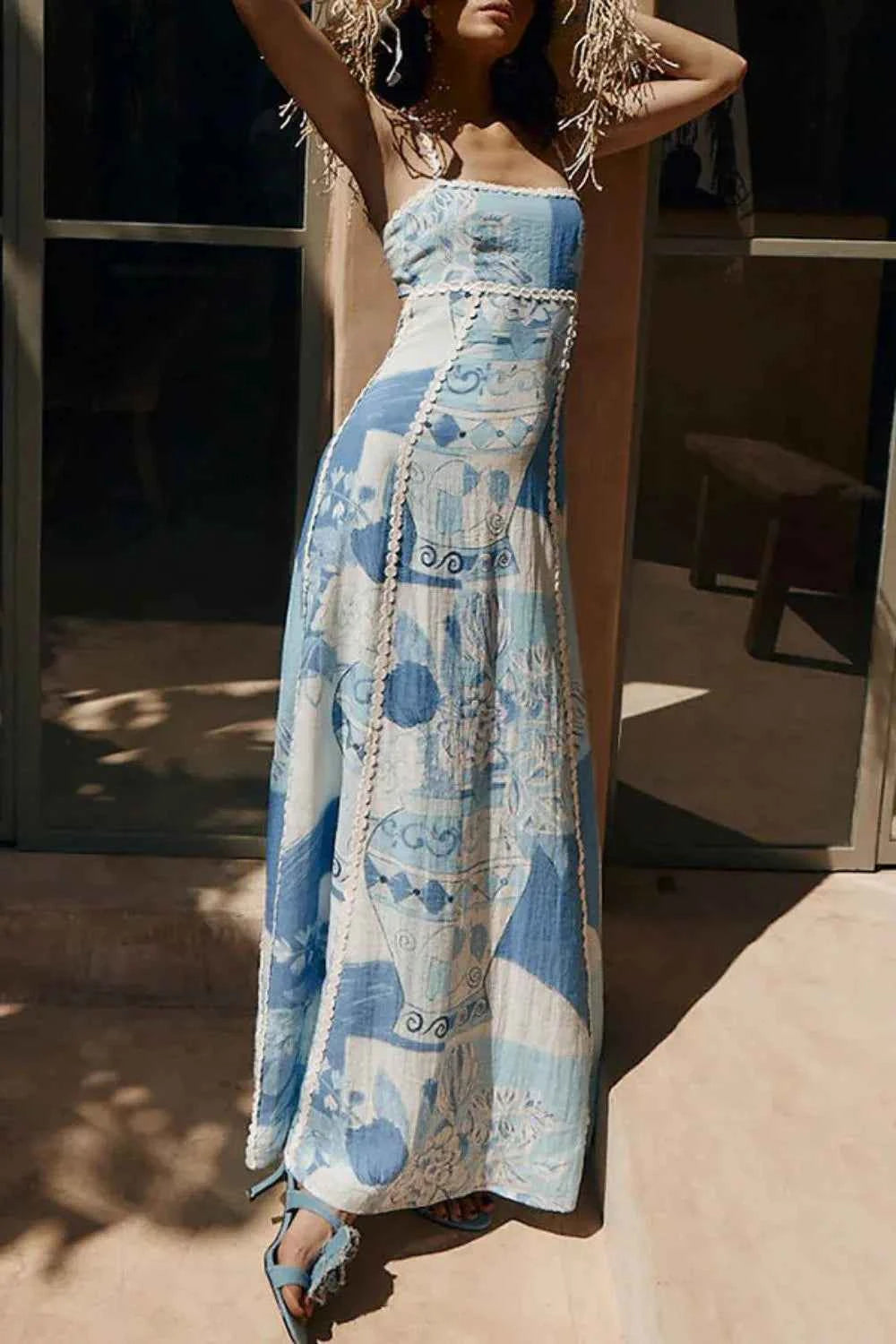 Cutout Back Maxi Dress with Printed Design and Square Neck