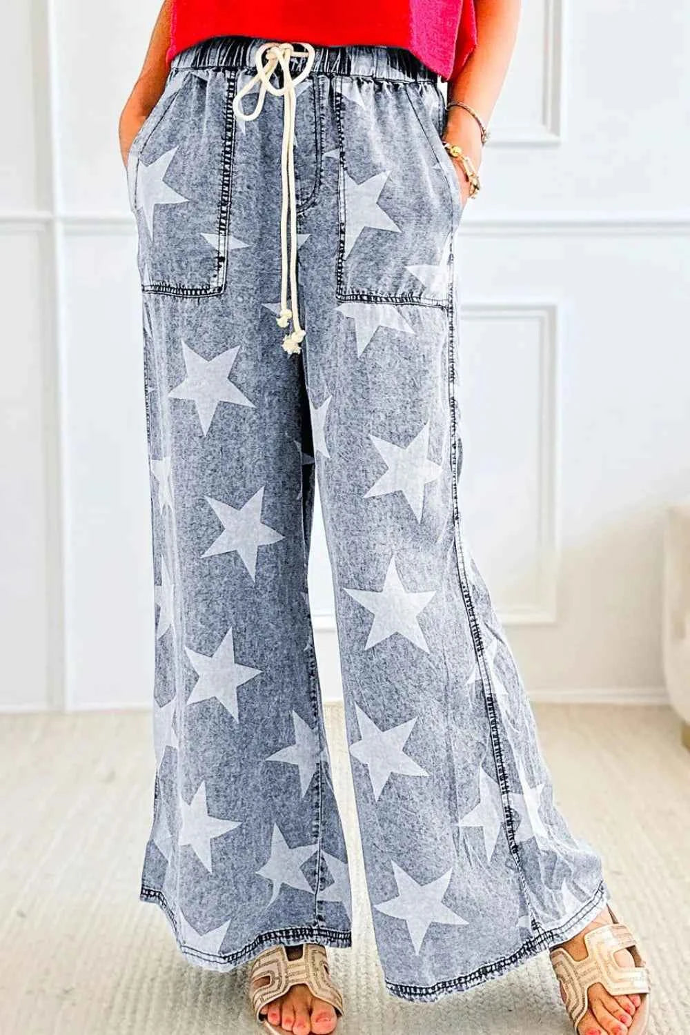 Star Print Wide Leg Jeans with Washed Finish and Drawstring High Waist - Trendy and Comfortable Style