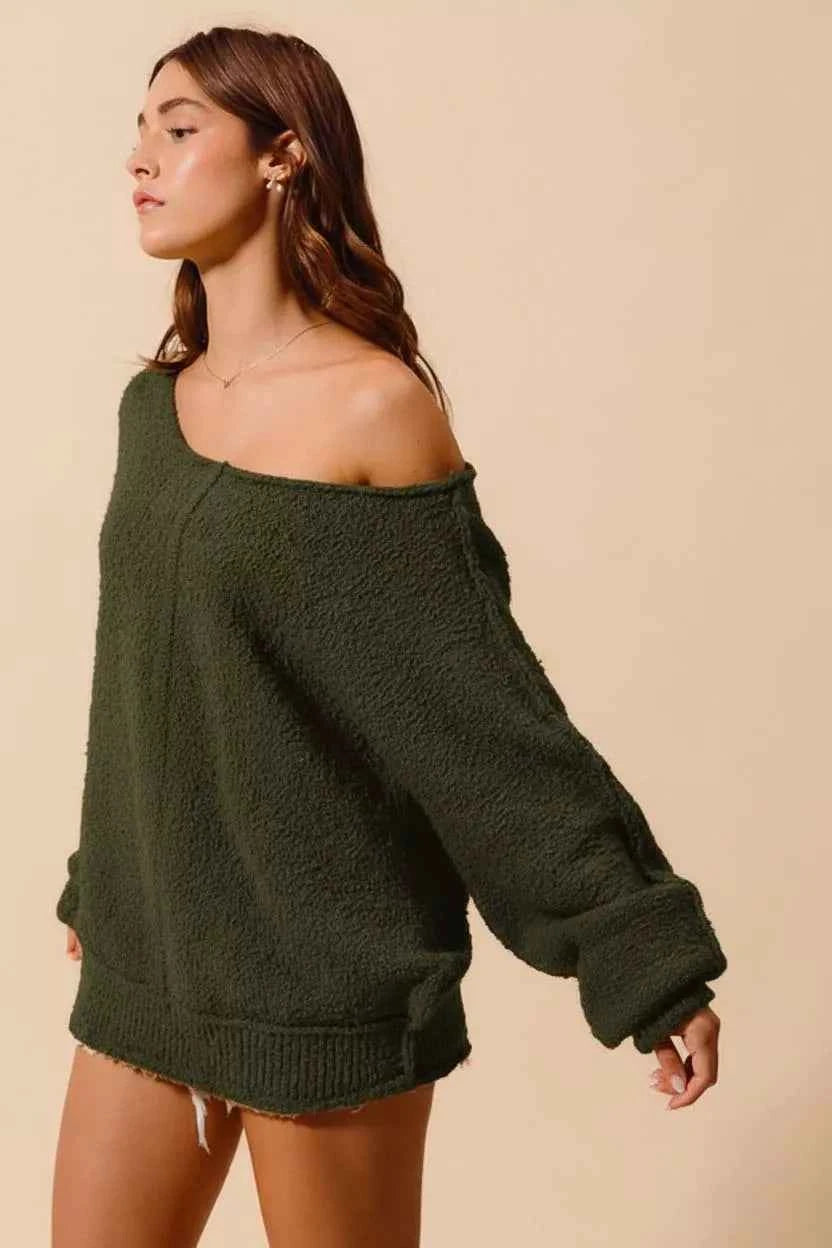 SO ME Loose Fit Boucle Sweater with Exposed Seams - Slouchy Style