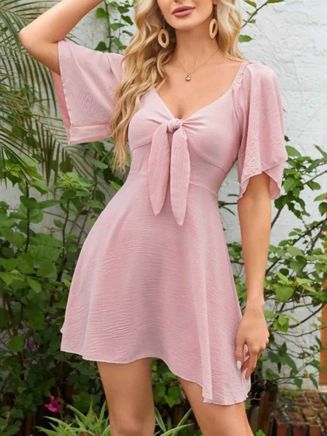 Smocked Flutter Sleeve Dress with Knotted Back and Elegant Flutter Sleeves