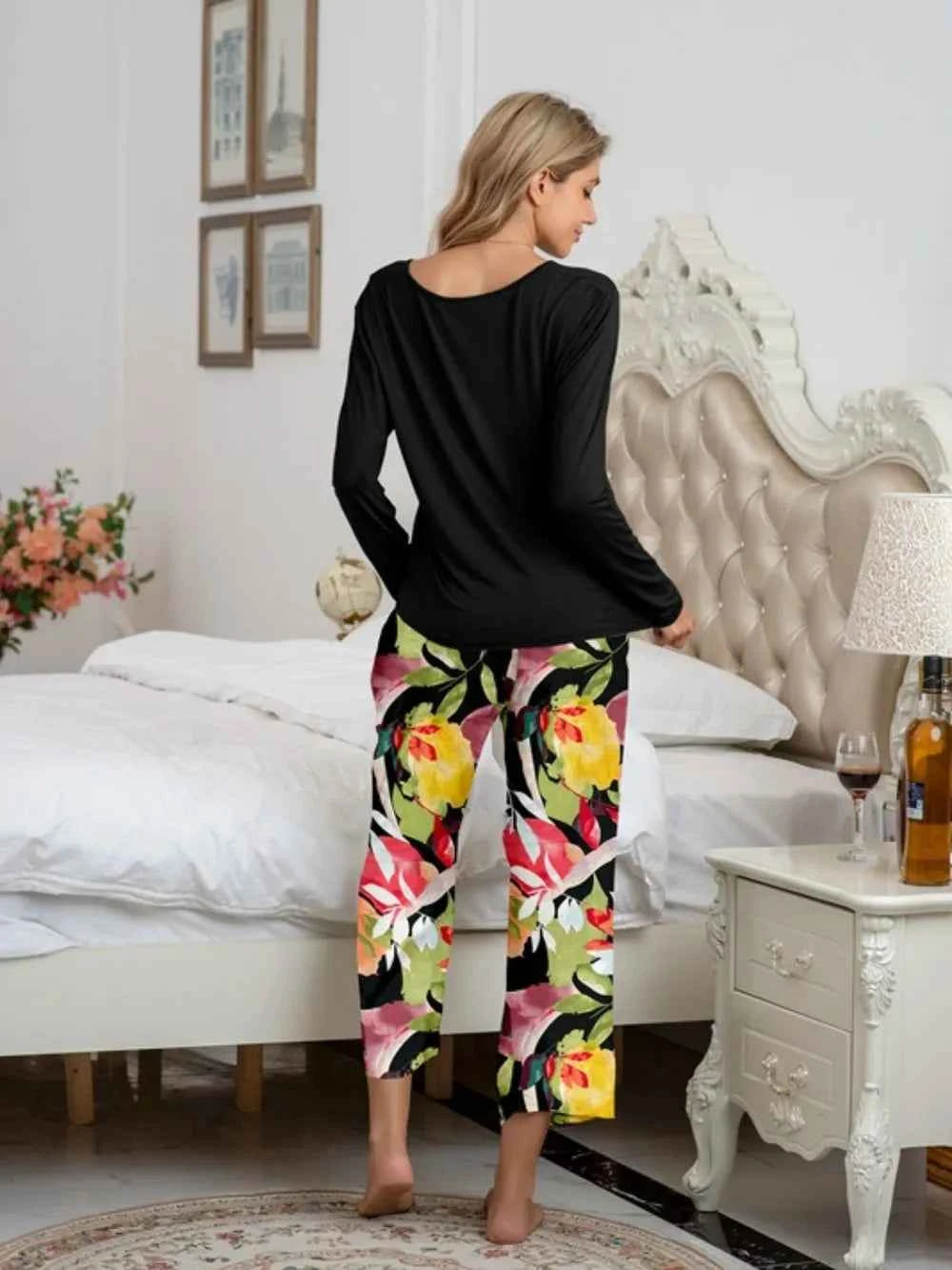 Round Neck Top and Printed Pants Lounge Set