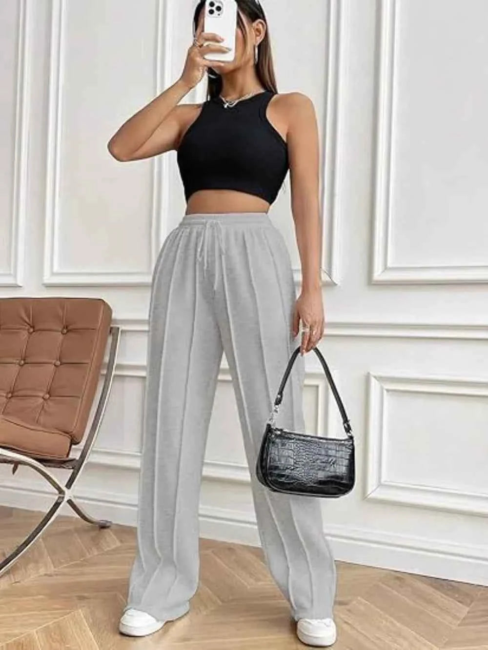 Drawstring Wide Leg Pants with Pockets