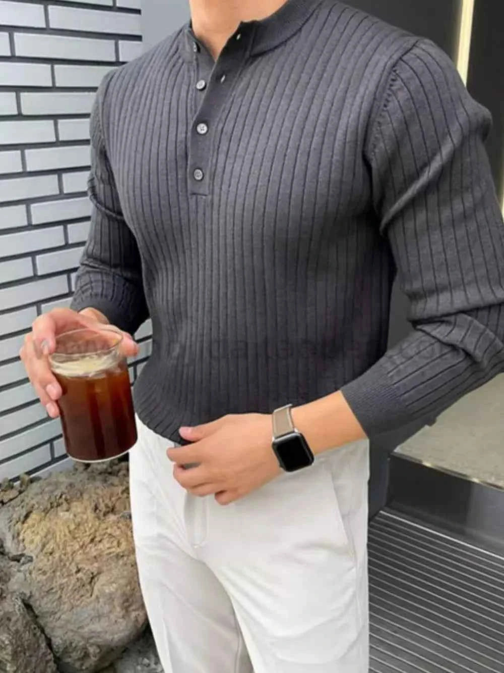Button Detail Ribbed Long Sleeve Men's Knit Top