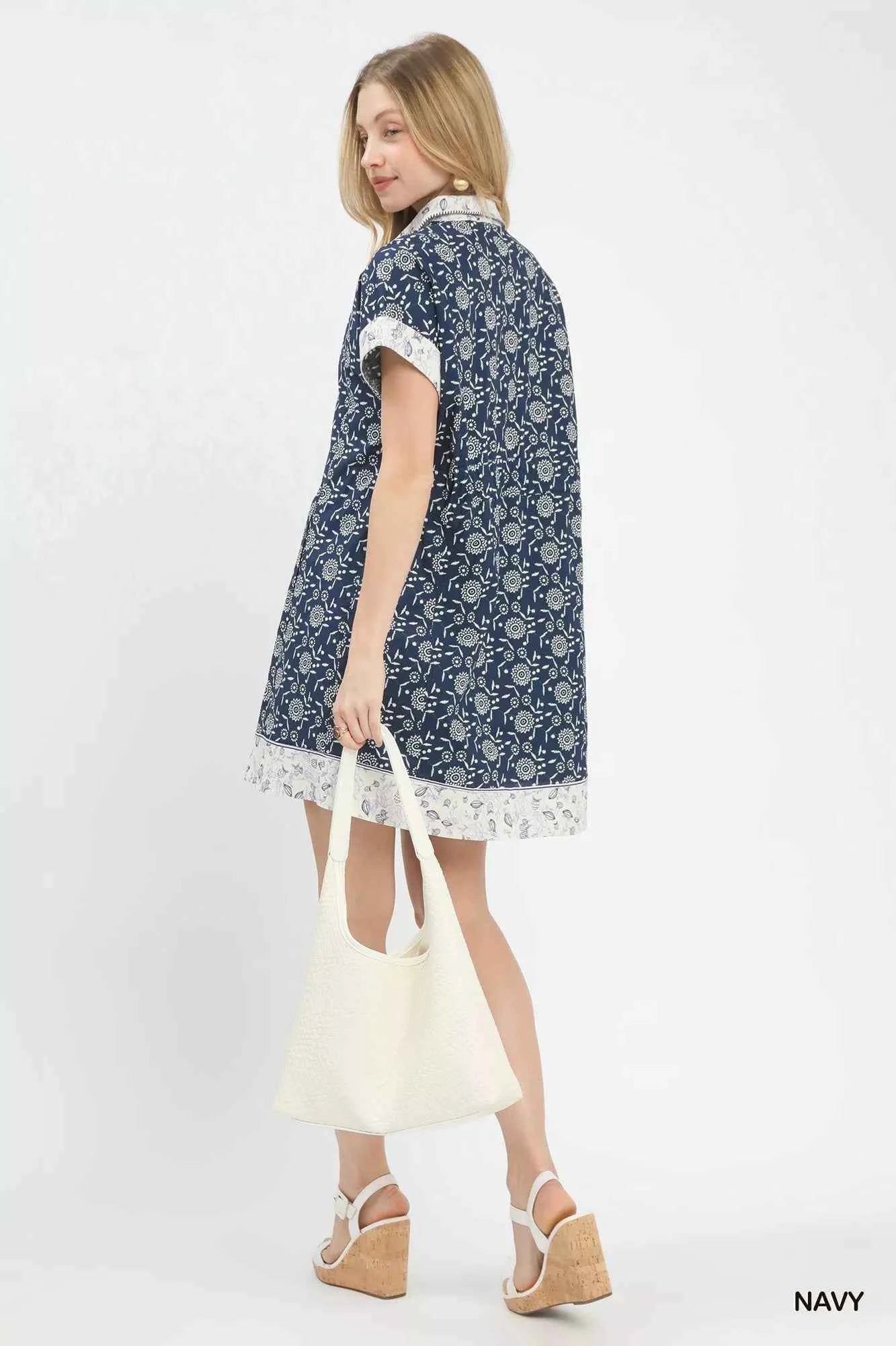 Umgee Border Print Belted Shirt Dress