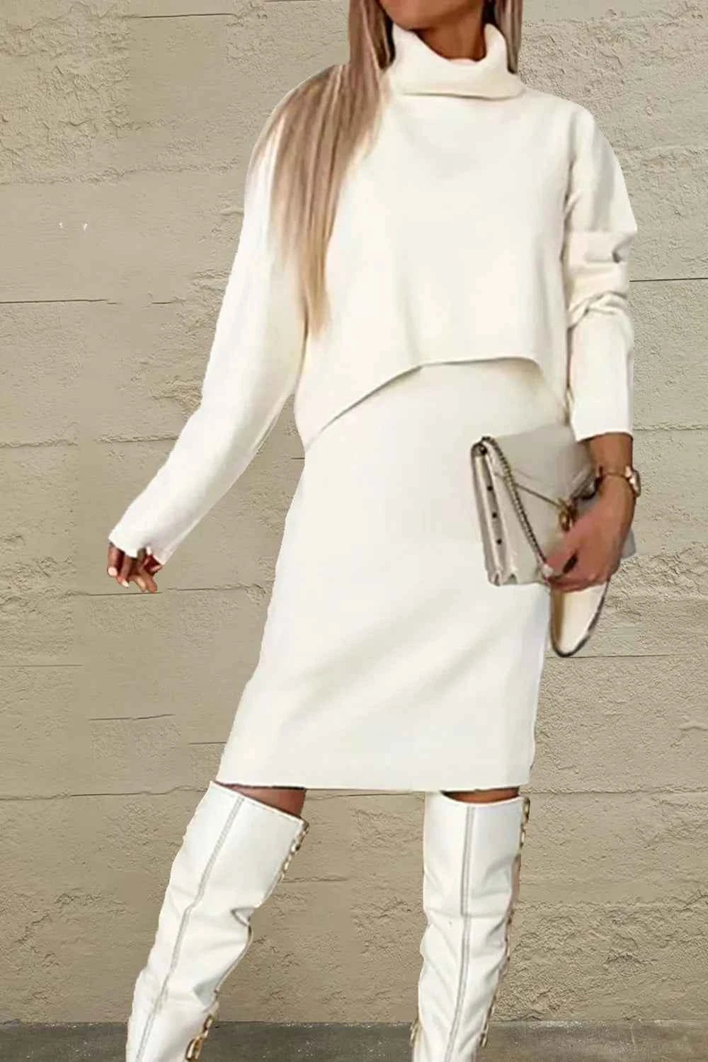 Turtleneck Dropped Shoulder Sweater and Dress Sweater Set