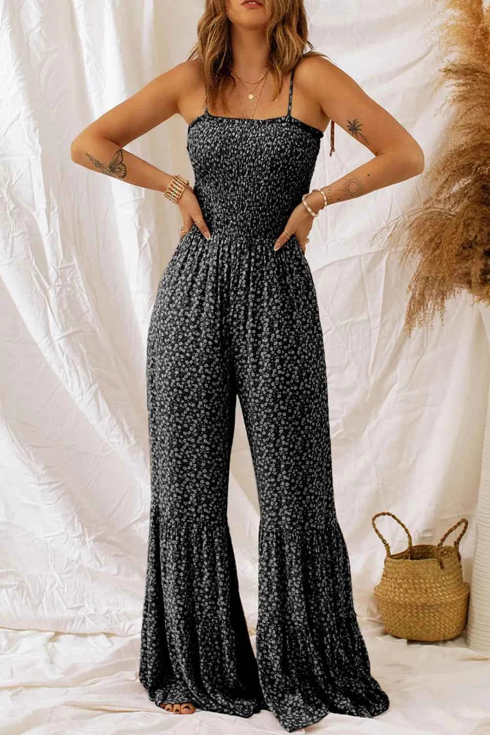 Floral Spaghetti Strap Jumpsuit with Wide Leg Design
