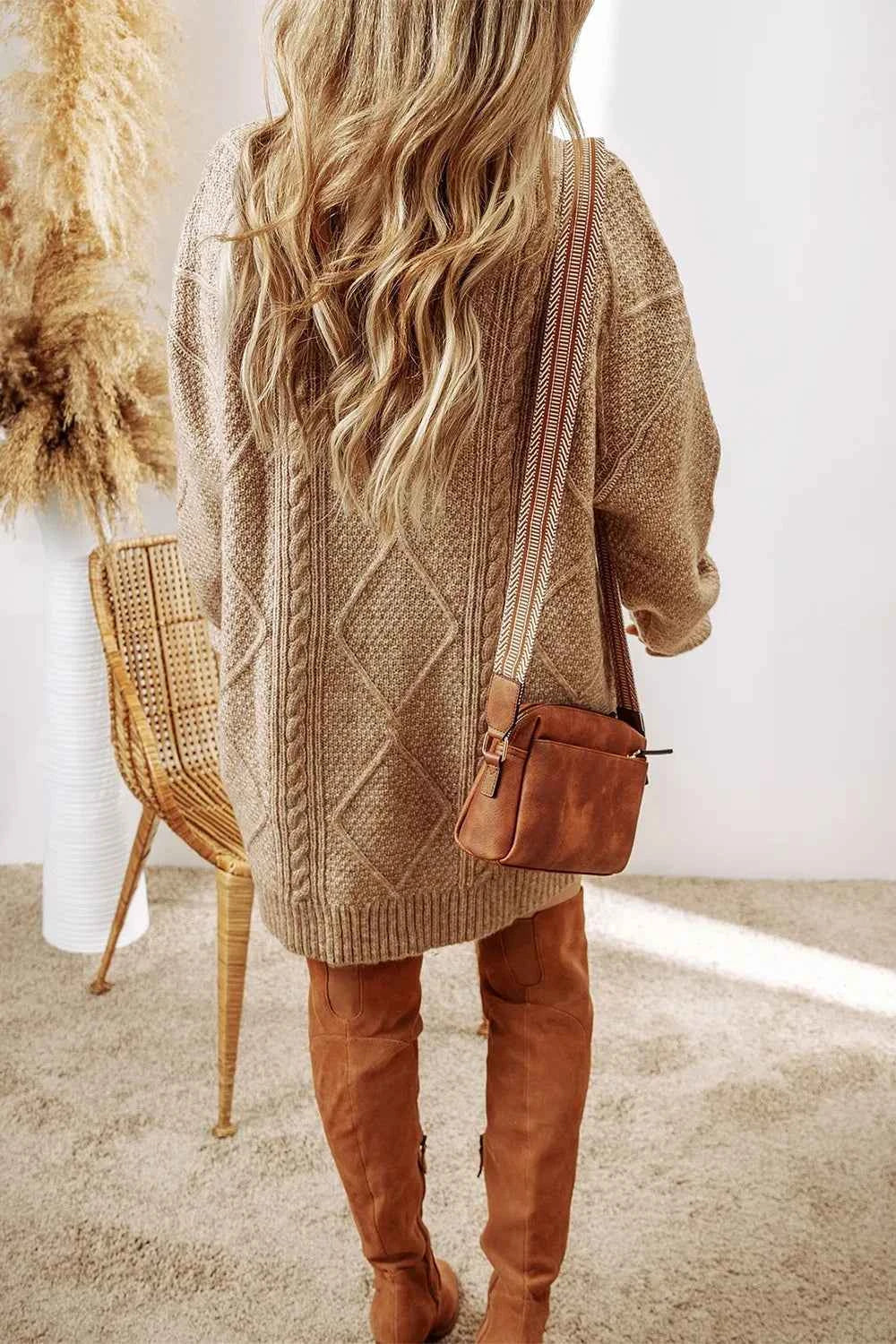 Cable-Knit Sweater Dress with Round Neck