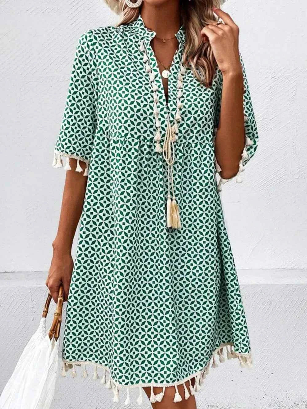 Tassel Printed Mini Dress with Notched Half Sleeves