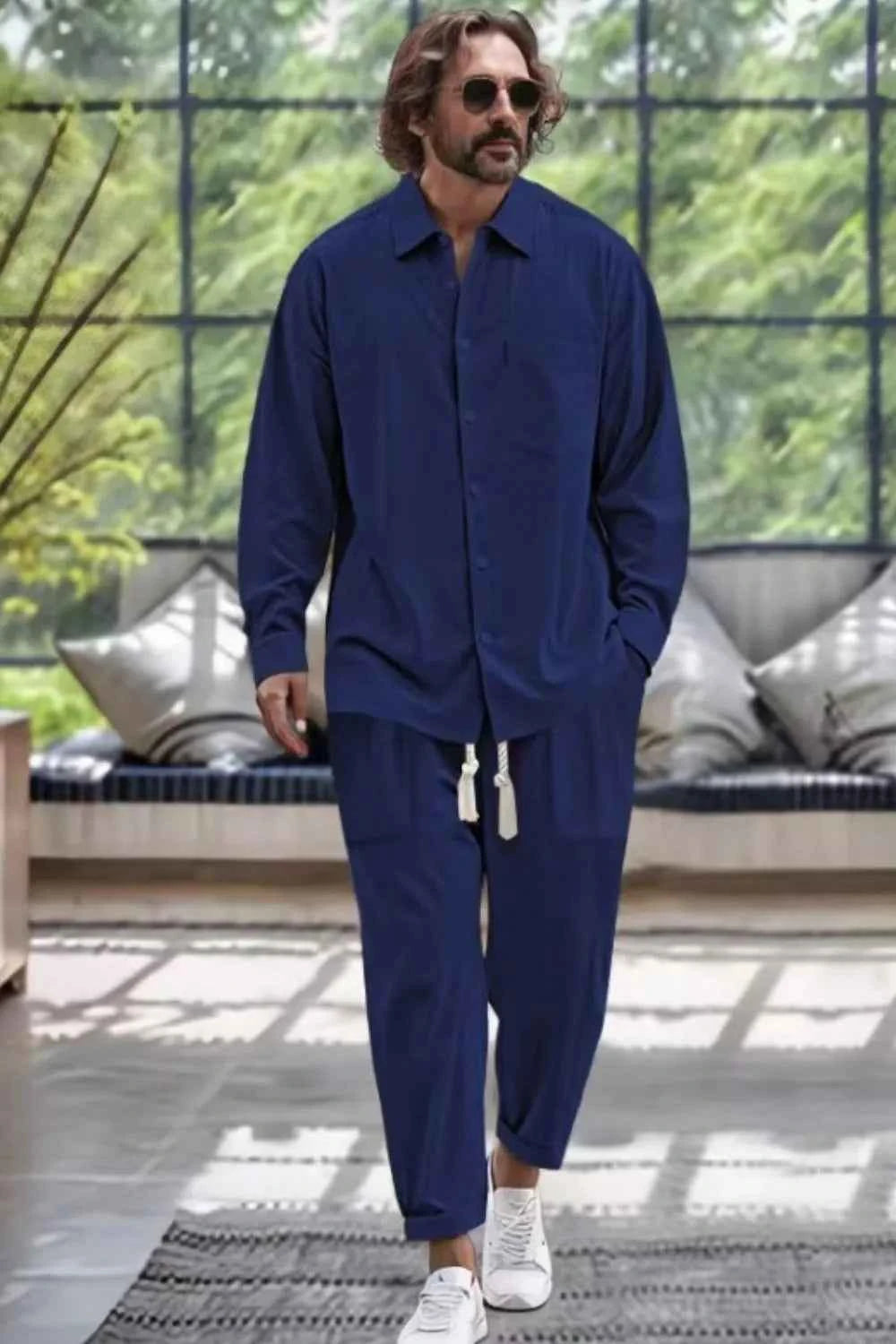 Men's Plus Size Loungewear Set - Long Sleeve Top and Pants with Collared Neck